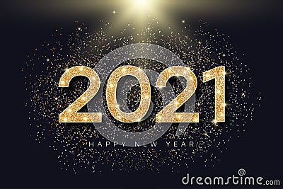 2021 number with golden glitter for New Year. Holiday banner for New Year and Merry Christmas with gold glowing and bright Vector Illustration